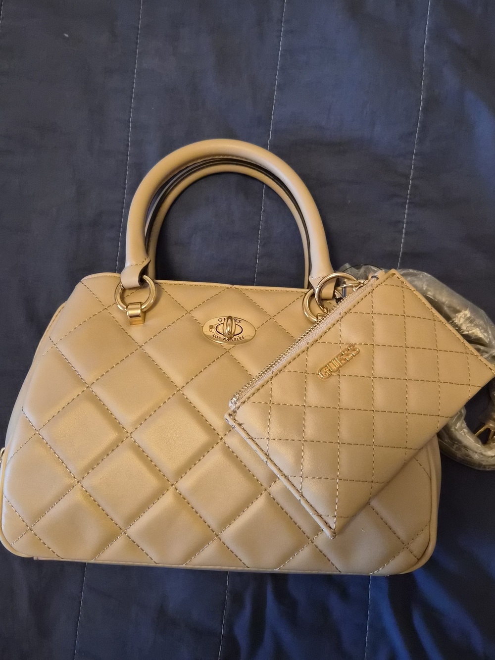 Guess Quilted Beige Satchel with Matching Zip Pouch